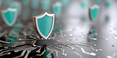 Aufkleber - Turquoise Shield Floating Above Circuit Board, Symbolizing Cyber Security and Data Protection for Digital Transformation Initiatives : Generative AI