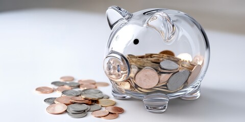Poster - Clear Piggy Bank Full of Coins on White Background, Signifying Financial Savings and Investment for Future Planning and Retirement : Generative AI