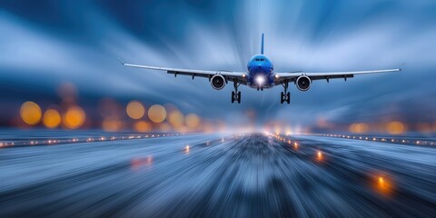 Poster - Airplane Landing at Night on Runway With Motion Blur, Showcasing Travel and Logistics Efficiency in Global Transportation : Generative AI