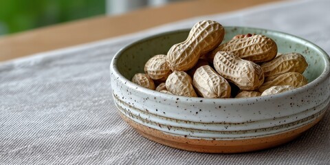 Poster - Peanuts in a Ceramic Bowl on Linen Tablecloth, Symbolizing Healthy Snacking and Natural Food Choices for Nutrition and Diet : Generative AI