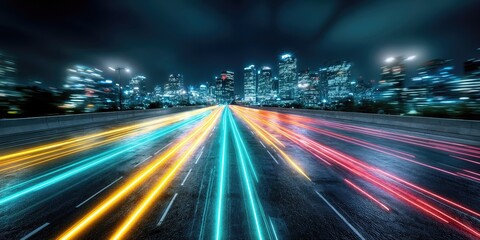 Leinwandbilder - Cityscape at Night With Light Trails on Highway, Representing Urban Connectivity and Infrastructure Investment : Generative AI