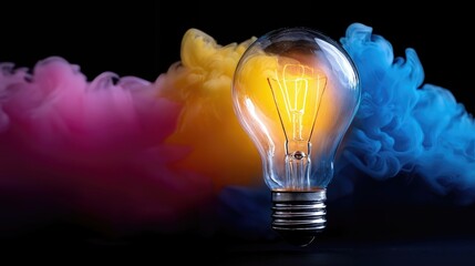 Fototapete - Glowing Light Bulb Surrounded by Colorful Smoke, Symbolizing Innovation and Bright Ideas for Creative Solutions and Business Strategy : Generative AI