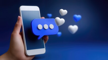 Aufkleber - Hand Holding Smartphone With Speech Bubble and Hearts, Illustrating Online Dating and Social Media Engagement : Generative AI