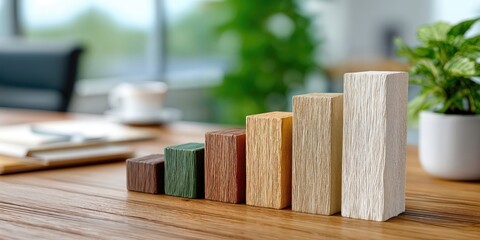 Aufkleber - Wooden Block Graph on Desk Showing Growth, Representing Financial Planning and Career Progression in Business : Generative AI