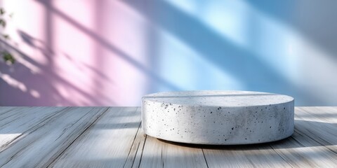 Aufkleber - Minimalist Concrete Pedestal on Wood Planks with Pastel Shadow Play, Ideal for Product Showcase and Modern Branding Mockups : Generative AI