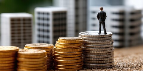 Leinwandbilder - Miniature Businessman Standing Atop Stacked Coins With Buildings in Background, Illustrating Financial Growth and Investment Strategy : Generative AI
