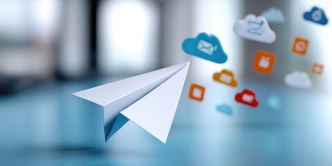 Poster - Paper Airplane Flying Through Cloud Icons, Illustrating Digital Communication and Global Connectivity for Modern Business Solutions : Generative AI