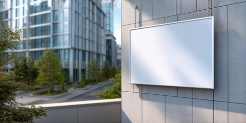 Poster - Blank White Sign Hanging on Concrete Wall in Urban Setting, Ideal for Advertising and Corporate Communication Messages : Generative AI