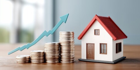 Aufkleber - Rising Home Value With Stacked Coins and Upward Arrow, Representing Financial Growth and Real Estate Investment Opportunities : Generative AI