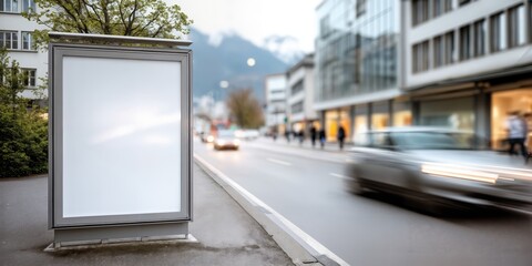Poster - Blank Billboard on City Street With Blurred Traffic, Ideal for Outdoor Advertising and Marketing Campaigns, Promoting Brand Awareness and Urban Communication : Generative AI
