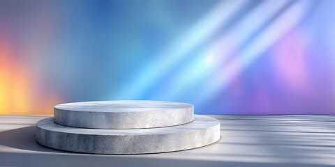 Poster - Two Tiered Concrete Display Podium Against Gradient Background, Ideal for Product Presentation and Marketing Campaign Mockups With Soft Lighting : Generative AI