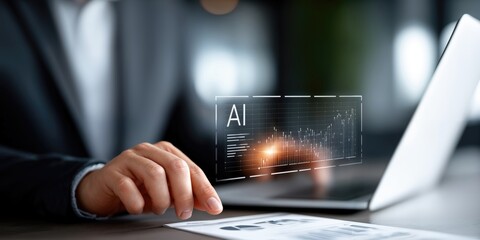 Aufkleber - Executive Analyzing AI-Generated Data on Laptop, Representing Business Intelligence and Digital Transformation in Modern Office Setting : Generative AI