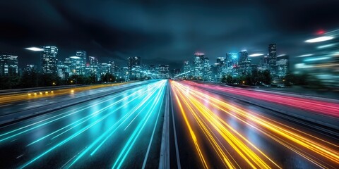 Aufkleber - City Skyline at Night with Streaks of Light on Highway, Illustrating Urban Mobility and Infrastructure Development for Transportation Solutions : Generative AI