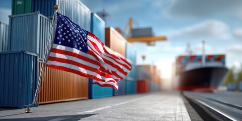 Poster - American Flag Waving at Shipping Port With Cargo Containers, Illustrating Global Trade and Logistics Management for Supply Chain Solutions and Import Export : Generative AI