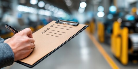 Poster - Hand Filling Out Checklist on Clipboard in Factory, Illustrating Quality Control and Manufacturing Process : Generative AI