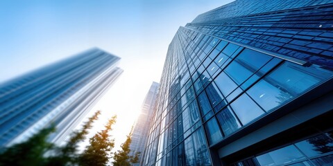 Poster - Modern Glass Skyscrapers Reaching Towards the Sky, Showcasing Urban Innovation and Architectural Excellence for Real Estate Development : Generative AI
