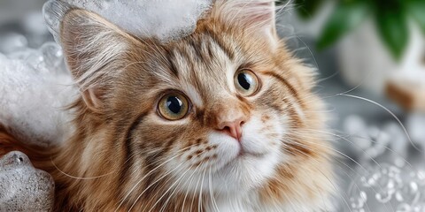 Poster - Close-Up of Maine Coon Cat With Bubbles on Head, Representing Pet Grooming and Animal Care : Generative AI
