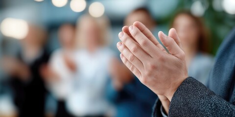 Poster - Close-Up of Hands Clapping at a Conference, Symbolizing Recognition and Teamwork in Corporate Achievement, with Audience in Background : Generative AI