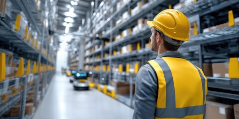 Fototapete - Warehouse Worker Overseeing Automated Inventory System, Showcasing Logistics Efficiency and Supply Chain Management : Generative AI