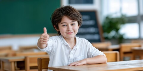 Poster - Young Student Giving Thumbs Up in Classroom, Representing Academic Success and Positive Feedback for Education : Generative AI