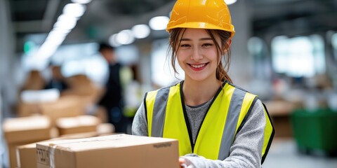 Aufkleber - Smiling Asian Woman Holding Package in Warehouse, Representing Logistics and Supply Chain Efficiency, Ready For Distribution and Delivery : Generative AI