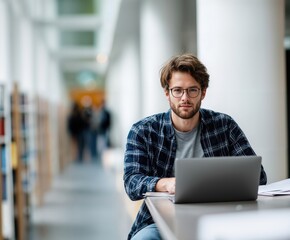 Poster - Student Working on Laptop in Modern Library, Representing Education and Lifelong Learning for Career Development and Personal Growth : Generative AI