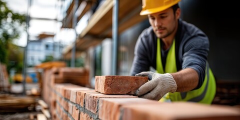 Aufkleber - Bricklayer Laying a Brick on a Wall at a Construction Site, Showcasing Skilled Labor and Infrastructure Development : Generative AI
