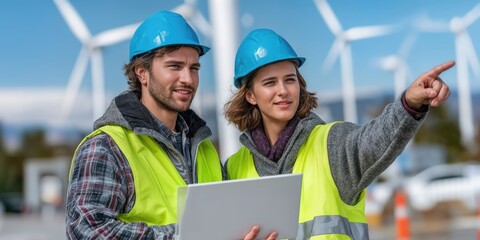 Poster - Two Engineers in Hard Hats and Safety Vests Inspecting Wind Turbines, Representing Sustainable Energy and Green Technology Solutions for Climate Change : Generative AI
