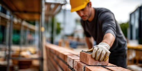Aufkleber - Construction Worker Laying Brick on Wall, Representing Skilled Labor and Home Improvement Projects, Building a Future With Hard Work and Dedication : Generative AI