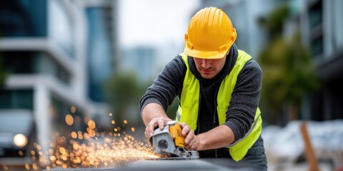 Poster - Construction Worker Grinding Metal With Sparks Flying, Showcasing Precision and Skilled Tradesmanship in Infrastructure Development : Generative AI