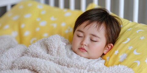 Poster - Toddler Napping Peacefully in Crib With Yellow Pillow, Representing Childhood Innocence and Serenity for Family Content and Parenting Blogs : Generative AI