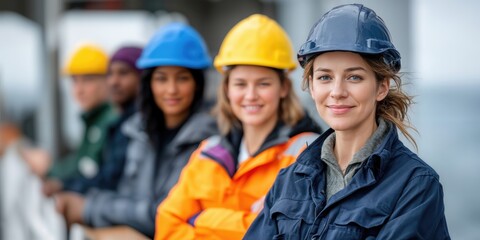 Poster - Diverse Team of Engineers Wearing Hard Hats Standing Together, Representing Collaboration and Workplace Diversity for Recruitment Campaigns : Generative AI