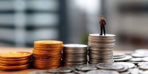 Aufkleber - Miniature Businessman Standing Atop Stacked Coins, Symbolizing Financial Growth and Investment Strategy, Perfect for Business or Career Advancement Concepts : Generative AI