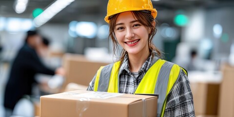 Poster - Smiling Asian Woman in Hard Hat Holding Box in Warehouse, Depicting Logistics and Supply Chain Management : Generative AI