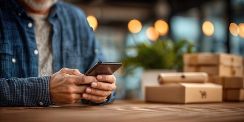 Poster - Mature Man Using Smartphone at Wooden Table With Parcels, Representing Ecommerce and Delivery Services, Order Tracking and Customer Communication : Generative AI