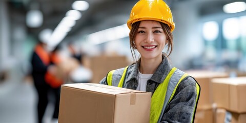 Poster - Smiling Woman in Hard Hat Carrying Cardboard Box in Warehouse, Representing Logistics and Supply Chain Efficiency for Global Commerce : Generative AI