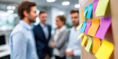 Aufkleber - Blurred Business Team Brainstorming With Colorful Sticky Notes, Representing Collaboration and Project Management : Generative AI