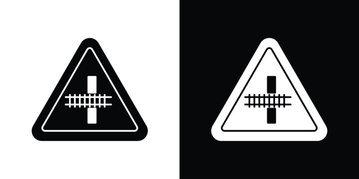 Railroad crossing signs in flat version on black and white background