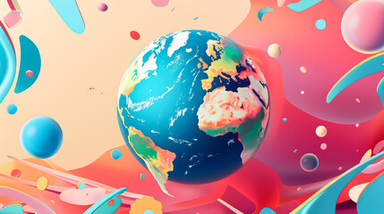 Wall Mural - colorful painting of a blue and green planet with a yellow sun. the painting is abstract and has a l
