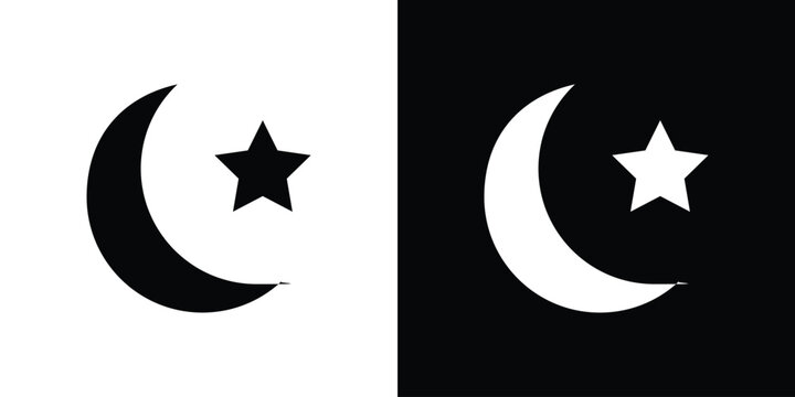 Star and crescent icon in flat version on black and white background