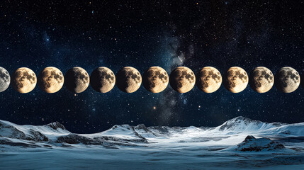 Wall Mural - series of moon phases are shown in a row. the moon is shown in different stages of illumination, fro