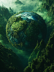 Wall Mural - green planet with a forest on it. the planet is surrounded by trees and has a body of water on it
