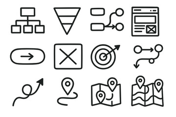 Business strategy icons set: flowcharts, maps, and targets on brown background