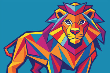 Leinwandbilder - Geometric lion vector illustration on blue background featuring low poly design and vibrant red, orange, and yellow colors