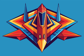 Poster - Red futuristic spaceship or aircraft design in a geometric vector illustration style isolated against a blue background for retro space exploration concepts