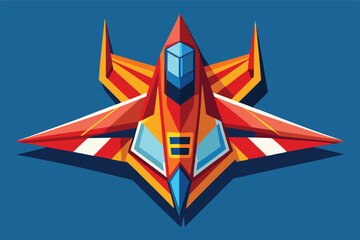 Poster - Red futuristic spaceship or aircraft design in a geometric vector illustration style isolated against a blue background for retro space exploration concepts