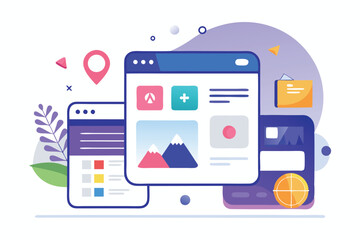 Poster - Vector illustration of digital devices with different shapes and designs floating around the central tablet displaying image editing interface