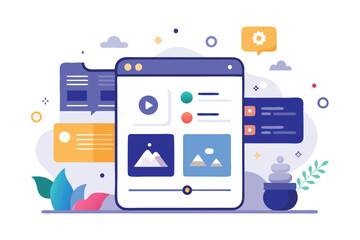 Poster - Vector illustration of digital devices with different shapes and designs floating around the central tablet displaying image editing interface
