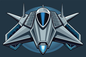 Poster - Silver fighter jet with wing spikes soaring in space, ready for action in the evening, futuristic spacecraft with aggressive style