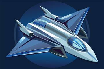 Poster - Silver fighter jet with wing spikes soaring in space, ready for action in the evening, futuristic spacecraft with aggressive style